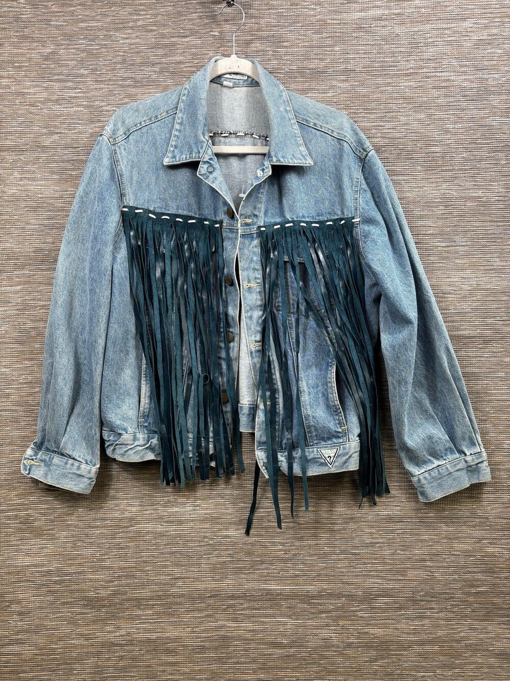 Vintage Guess Denim Jacket Mens XL Blue Fringe Western Biker Made In USA 80s
